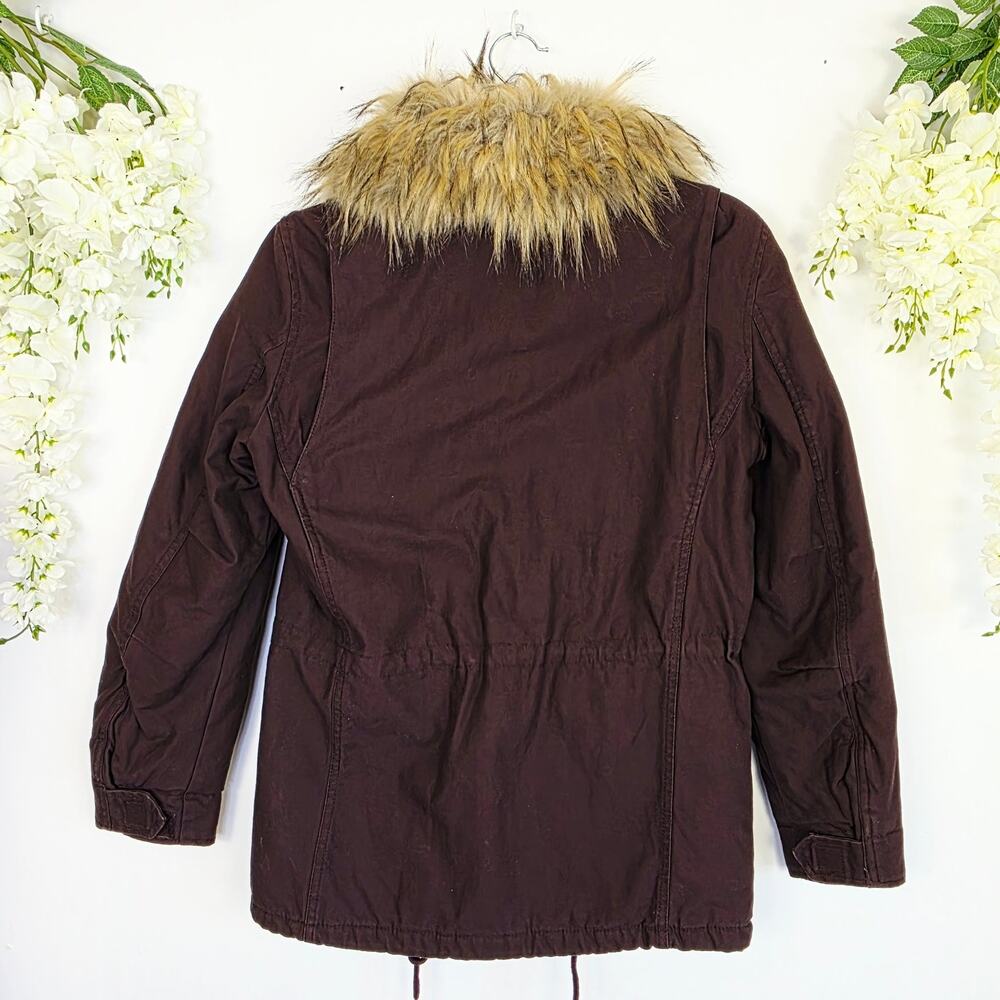 H&M Utility Coat Jacket Size 0 Burgundy Removeable Faux Fur Trim Anorak Military - Picture 3 of 12